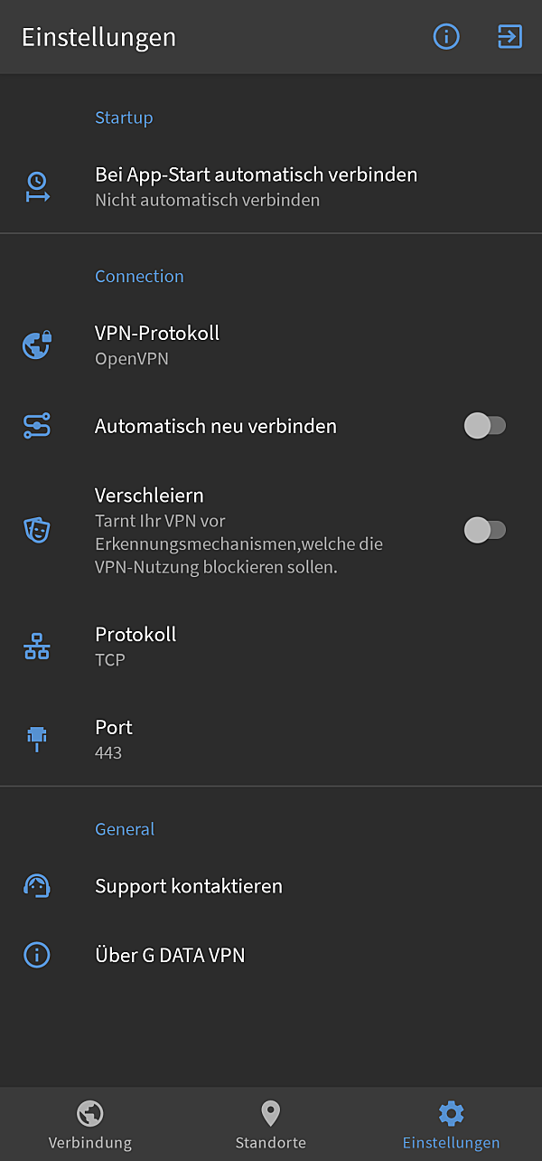 G DATA VPN Android Screenshot dark Settings