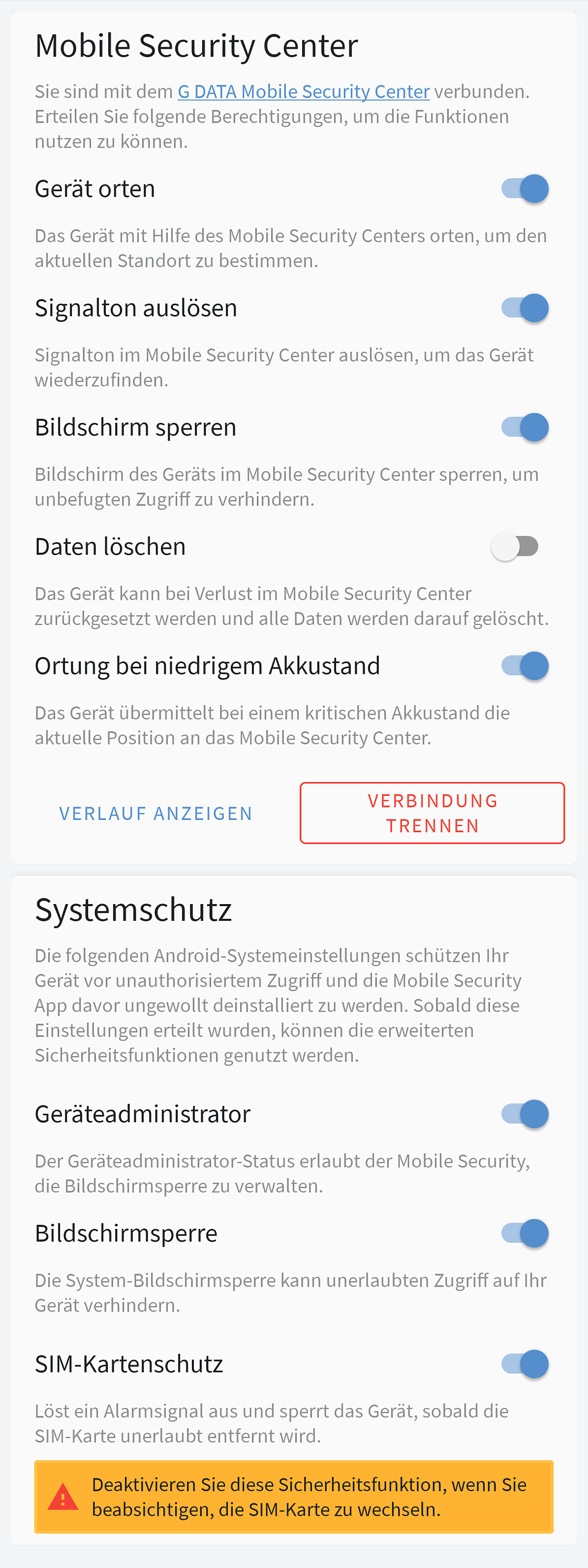 G_DATA_Mobile_Security_Android_28.0_Diebstahlschutz eingerichtet